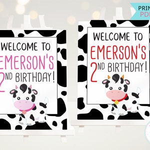 Cow Print Birthday Welcome Sign, Farm Animal Cowgirl Birthday Printable Personalized Sign, 2 Year Old Party Cow Birthday Decorations- PDF