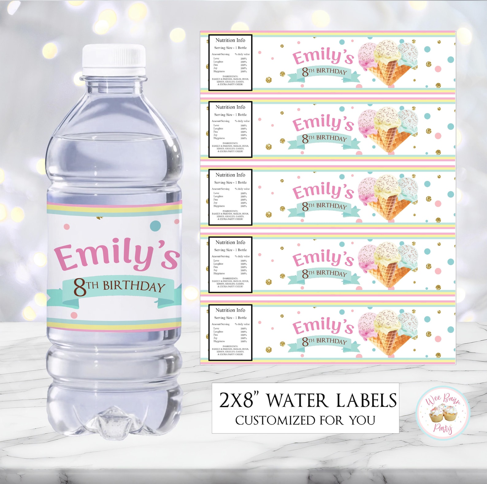 Ice Cream Themed Water Bottle Labels, Ice Cream Party Water Bottle ...