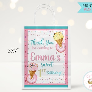 Sweet One Birthday Custom Gift Tags, Baby 1st Birthday Girl Ice Cream Donut Party Thank You Stickers, 1 Year Old Birthday Decorations - PDF