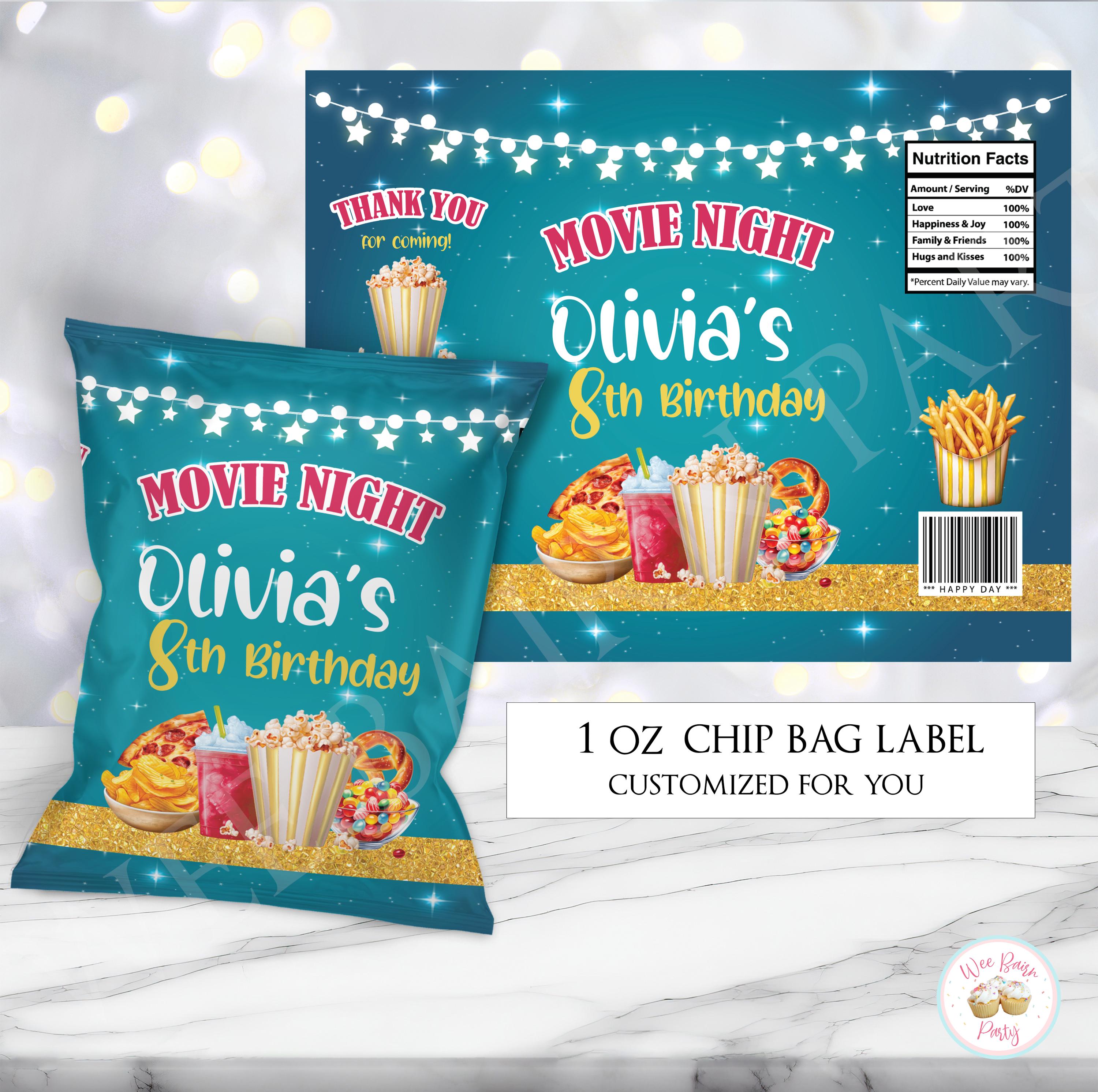 Movie Birthday Party Custom Chip Bags, Movie Theme Party Ticket Chip ...