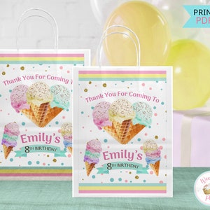 Ice Cream Themed Gift Bag Stickers, Ice Cream Party Favor Bag Thank You Stickers, Printable Girl Ice Cream Birthday  Gift Bag Tags - PDF