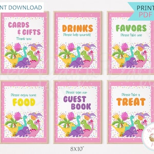 Pink Dinosaur Birthday Decorations Girl Dinosaur Party Birthday Signs Dinosaur Party Decor Cards and Gifts Sign Dinosaur Printable - PDF