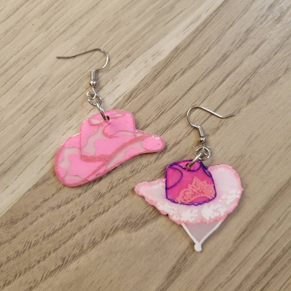 Pink Sassy Cowboy Hat Earrings- Dangle Handmade Jewelry Lesbian Cowgirl Style