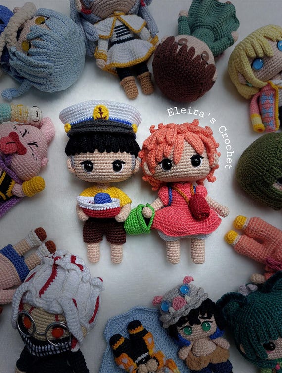 魚人ポニョと宗介船長セットアニメ風編みぐるみかぎ針編みパターン