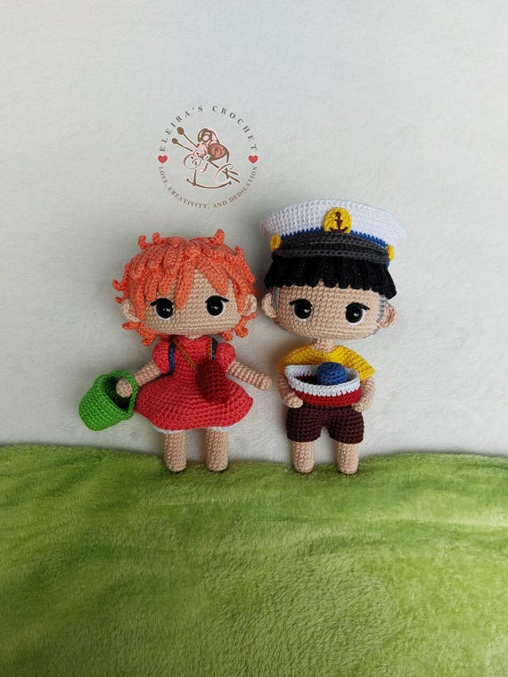 魚人ポニョと宗介船長セットアニメ風編みぐるみかぎ針編みパターン