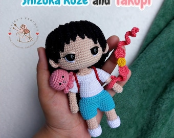 Patrón digital en PDF para amigurumi de ganchillo de los adorables Shizuka y Takopi, inspirados en el anime.