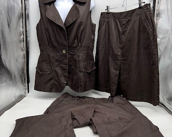 Vintage Willi Smith Brown Denim 3 Piece Casual Suit Coordinate/Vest-Capris-Skirt