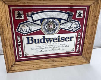 Zabytkowy szyld reklamowy piwa Budweiser w ramie z litego drewna, lustrzany, Bud-NOS 1981