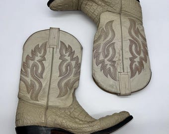 Vintage Leather Western Cowboy Boots Cream ALLIGATOR Skin Vamp Mexican Size 28