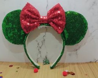 Sparkling Holiday Minnie Ears! Green and Red Sequin Mickey Ear! Christmas Ears!