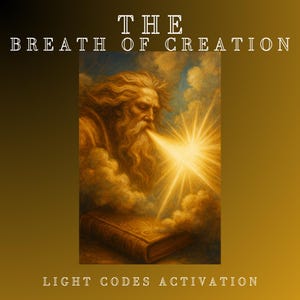 Op de afbeelding: Artistieke afbeelding met de tekst "THE BREATH OF CREATION" bovenaan en "LIGHT CODES ACTIVATION" onderaan. De afbeelding toont een oude man met een lange baard die helder licht over een boek uitademt.