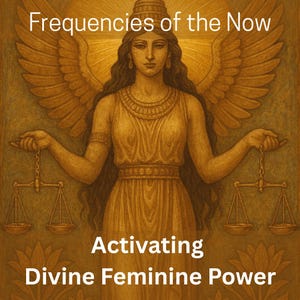 May include: An illustration featuring a woman with wings, holding scales, and wearing a golden dress. The image has text that reads "Frequencies of the Now" and "Activating Divine Feminine Power."