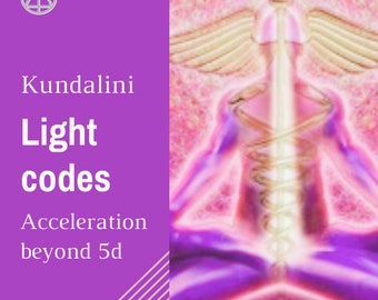 May include: A pink and purple abstract image with a white light in the center. The image has the text "Kundalini Light codes Acceleration beyond 5d" on the left side.