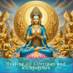 Pode incluir: Um mandala dourado com uma figura central de uma mulher vestida com uma túnica azul e dourada, cercada por outras figuras com trajes semelhantes. A mulher está sentada em uma flor de lótus rosa. O texto "Healing all Lifetimes and all Realities" está na parte inferior da imagem.