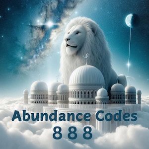 Op de afbeelding: Een witte leeuw zit bovenop een wit gebouw met meerdere koepels. Het gebouw is omgeven door wolken en een sterrenhemel. De tekst "Abundance Codes 888" staat onder het gebouw.