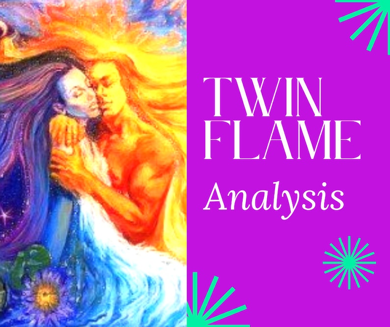 May include: A painting depicting a couple embracing, representing the concept of twin flames. The woman is on the left, with long dark hair and a blue and purple aura. The man is on the right, with long blonde hair and a yellow and orange aura. The background is a mix of blue, purple, and yellow colors.