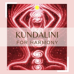 Puede incluir: Una ilustración digital de una persona en una postura de yoga con un fondo rojo y el texto "Kundalini para la armonía".