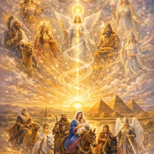 May include: A celestial-themed artwork depicting various spiritual figures and scenes. The image features a central light source, pyramids, and figures riding animals. The color palette includes gold, blue, and white, creating a sense of divinity and wonder.