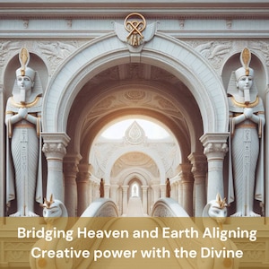 May include: An architectural rendering of a grand, white structure with arched doorways and columns. Two statues of pharaohs flank the entrance. The text at the bottom reads: "Bridging Heaven and Earth Aligning Creative power with the Divine."