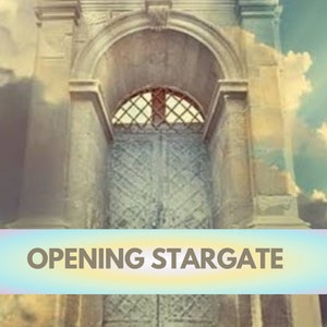 May include: A large, ornate, arched doorway with a metal gate. The gate is made of a series of diamond-shaped panels. The doorway is set against a cloudy sky. The text "OPENING STARGATE" is written in brown letters on a rainbow-colored banner.