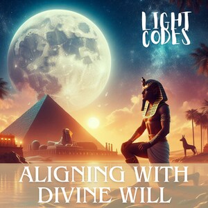 Pode incluir: Uma imagem de arte digital com uma lua cheia, uma pirâmide e um homem com um traje de faraó ajoelhado no deserto. O texto "LIGHT CODES" está no canto superior direito da imagem. O texto "ALIGNING WITH DIVINE WILL" está na parte inferior da imagem.