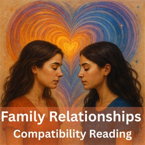 May include: An artistic illustration depicts two women facing each other, set against a heart-shaped background with warm orange and blue hues. The text "Family Relationships Compatibility Reading" is displayed below.