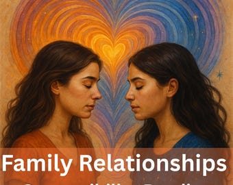 May include: An artistic illustration features two women facing each other, set against a heart-shaped background with warm orange and blue hues. The text "Family Relationships Compatibility Reading" is displayed below the women.