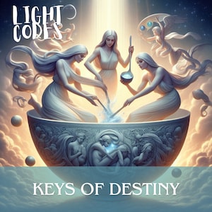 May include: Four figures in white robes stir a blue liquid in a large, ornate bowl. The bowl is surrounded by clouds and celestial bodies. The text "LIGHT CODES" appears in the upper left corner, and "KEYS OF DESTINY" appears at the bottom of the image.
