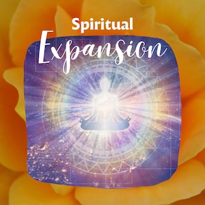 May include: A purple and blue abstract background with a white mandala and a silhouette of a person meditating in the center. The text "Spiritual Expansion" is written in white at the top of the image.