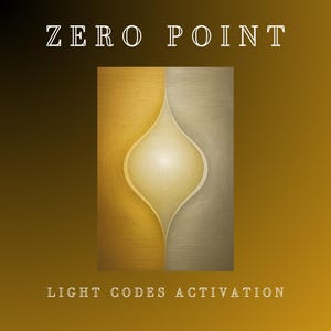 Può includere: Opera d'arte astratta con il testo "ZERO POINT" in alto e "LIGHT CODES ACTIVATION" in basso. L'opera presenta un design centrale a forma di goccia, luminoso, diviso verticalmente in toni oro e argento, su uno sfondo marrone sfumato.