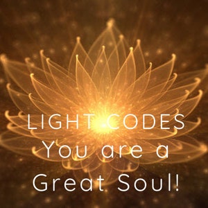 以下が含まれることがあります： 「LIGHT CODES You are a Great Soul!」というテキストが重ねられた、金色に輝く花です。