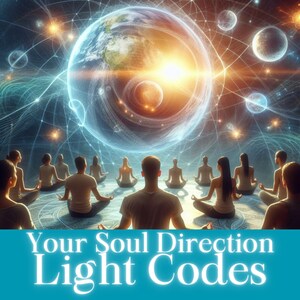 May include: A group of people meditating in a circle, with a glowing orb of light above them. The orb contains a depiction of Earth. The text "Your Soul Direction Light Codes" is displayed at the bottom of the image.