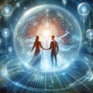 Puede incluir: Una pareja de la mano, de pie dentro de un orbe brillante, rodeado por un campo de energía azul y blanco giratorio. El orbe está rodeado por un anillo de luz y una serie de círculos concéntricos.