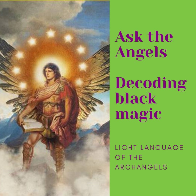 Może przedstawiać: Ilustracja anioła z rozpostartymi skrzydłami, otoczonego aureolą gwiazd. Anioł trzyma książkę i stoi na chmurze. Tekst "Ask the Angels Decoding black magic Light Language of the Archangels" jest napisany fioletowym kolorem na zielonym tle.