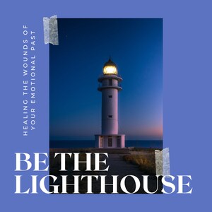 May include: A white lighthouse with a bright yellow light shining from the top, against a dark blue sky with a few clouds. The lighthouse is on a rocky shore with a path leading up to it. The text "BE THE LIGHTHOUSE" is at the bottom of the image.