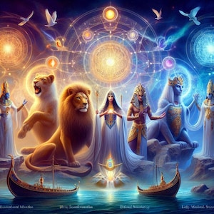 Puede incluir: Una ilustración mística y colorida que presenta un león, una mujer con un vestido blanco, un hombre con un tocado dorado, una mujer con un tocado blanco y una mujer con un tocado azul. Las figuras están rodeadas de orbes brillantes y patrones geométricos.