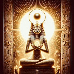 Puede incluir: Una estatua dorada de una diosa con cabeza de gato con un halo solar y un orbe brillante en sus manos, rodeada de intrincados jeroglíficos y un fondo dorado.