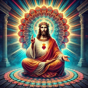 Pode incluir: Uma pintura de Jesus Cristo meditando em posição de lótus com uma coroa de espinhos e um coração brilhante. Ele está rodeado por um mandala colorido e raios de luz.