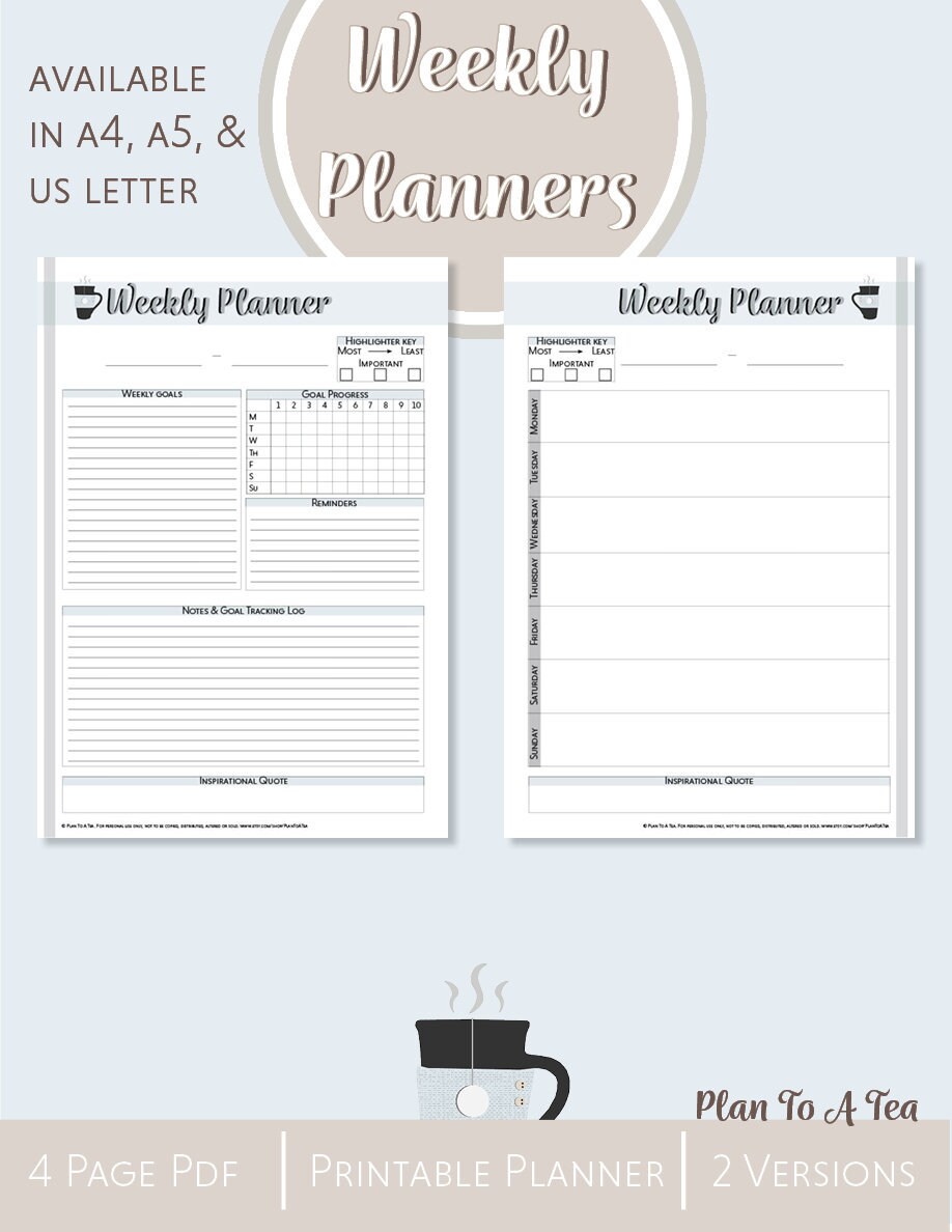 printable weekly planner a4 weekly planner a5 weekly etsy