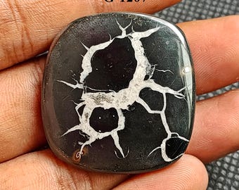 May include: A black and white dendritic agate cabochon with a square shape. The agate has a white dendritic pattern on a black background. The cabochon is approximately 2 inches in diameter. G-1207