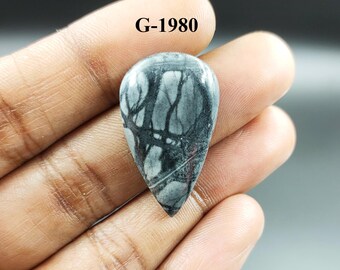 May include: A teardrop-shaped gemstone with a unique pattern of black and gray veining, held in a hand. The stone has a polished surface and a pointed tip. The text "G-1980" is printed on the top of the stone.