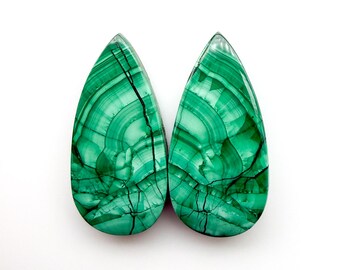Natural Malachite Cabochon Pair, Pear Shape, Flat Back, 31 Cts (25X12X4 mm)