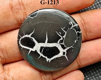 May include: A black and white round cabochon gemstone with a dendritic pattern. The gemstone is labeled "G-1213".