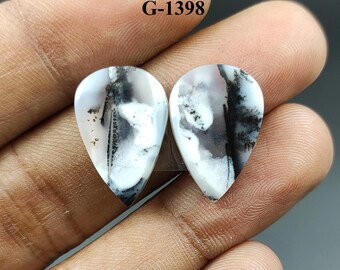 Natural Dendrite Opal Cabochon Pair, Pear Shape Loose Gemstone Jewelry, 13 Cts (19X12X4 mm)