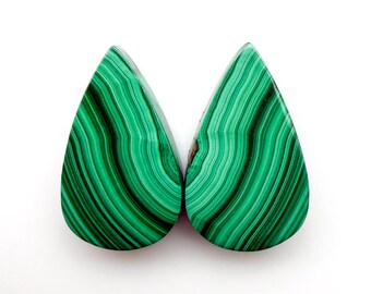 Natural Malachite Cabochon Pair, Flat Green Gemstone, Jewelry Making (21X13X4 mm)