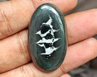 May include: Oval-shaped green and black gemstone cabochon with a white dendritic pattern. The stone is polished and has a glossy finish. G-1214