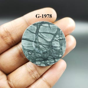 May include: A round, green and black stone cabochon with a swirling, marbled pattern. The stone is approximately 2 inches in diameter. G-1978