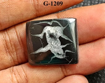 May include: A black and white square cabochon gemstone with a dendritic pattern. The gemstone is set in a silver bezel and has a polished finish. G-1209