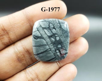 May include: A gray and black gemstone with a unique pattern of lines and veins. The stone is rectangular with rounded corners. The text "G-1977" is printed on the top of the image. The stone is held in a hand.