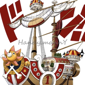 Puede incluir: Un barco rojo y blanco con una gran cara de sol amarilla en la proa. El barco tiene una gran vela blanca y una bandera roja con el número "1" en ella. El barco se llama "Going Merry" y es un personaje popular de la serie de anime "One Piece".